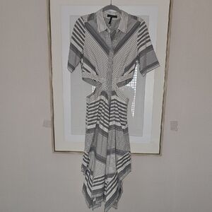 BCBGMaxAzria Asymmetrical Striped Dress in Gray and White
